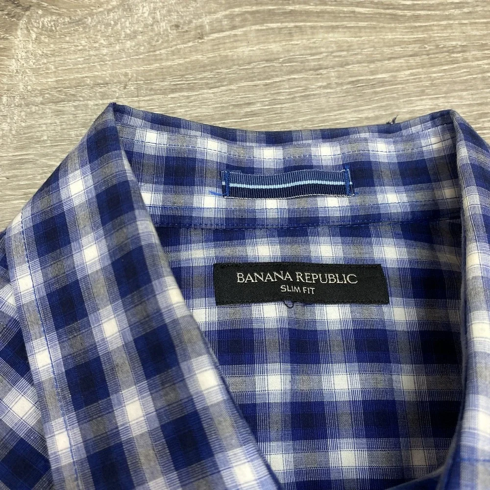 Banana Republic Shirt‎ Mens M Blue Plaid Long Sleeve Pearl Snap Slim Fit Western